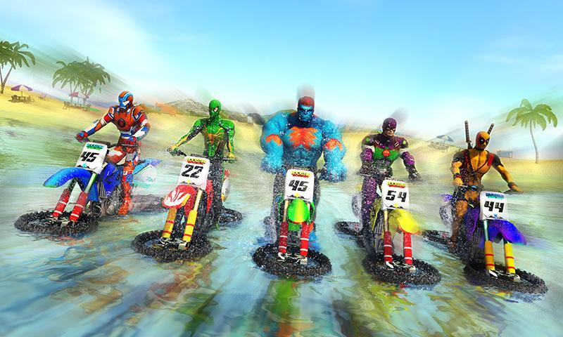 Superhero Water Surfer Bike Racing: Beach Racer Game Screenshot