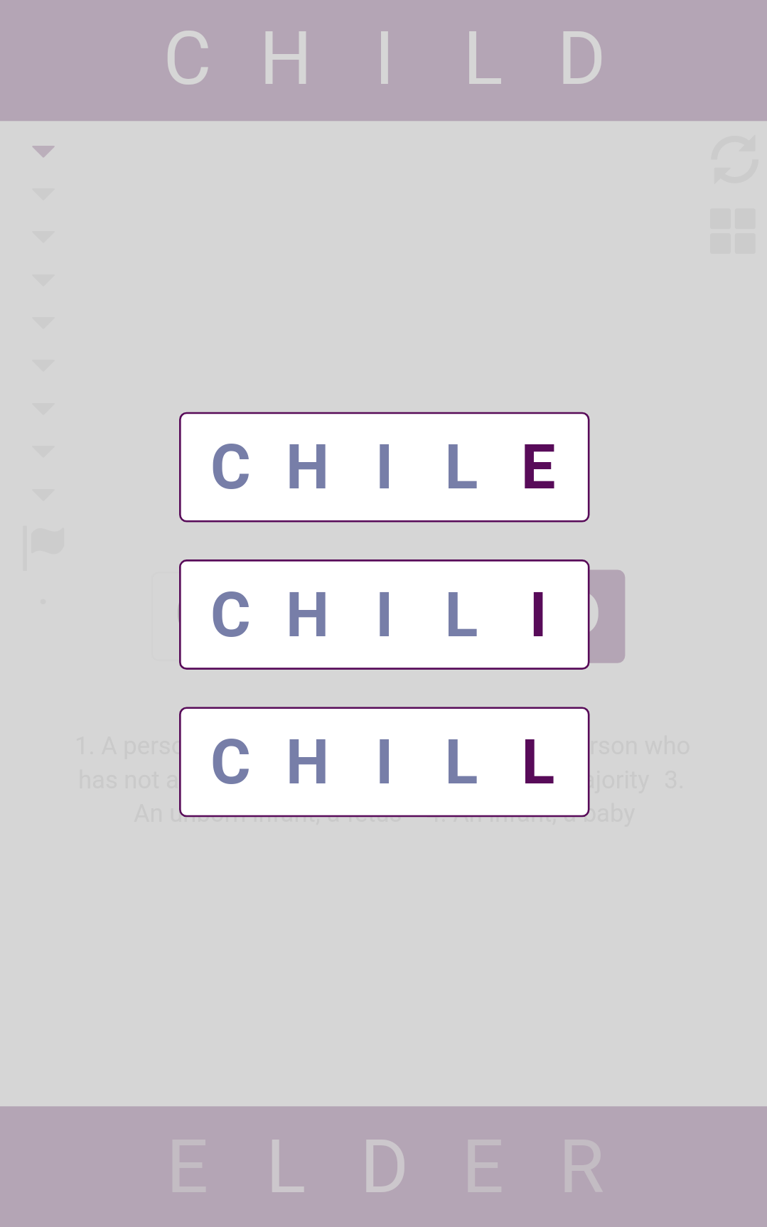 Screenshot of REWORD puzzle(aka Word Ladder/Doublet)