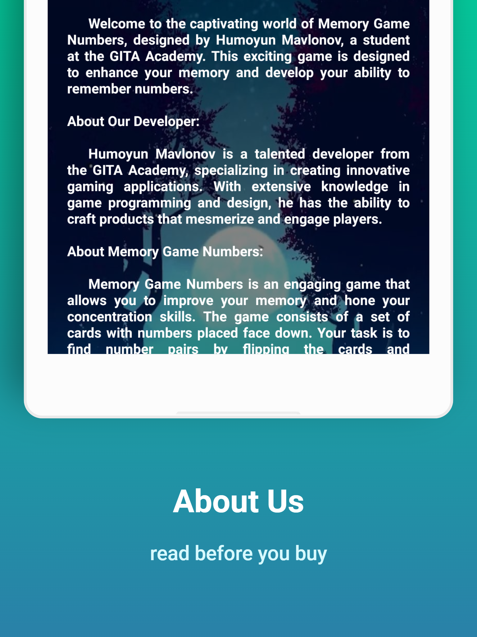 Screenshot of Memory Game Numbers