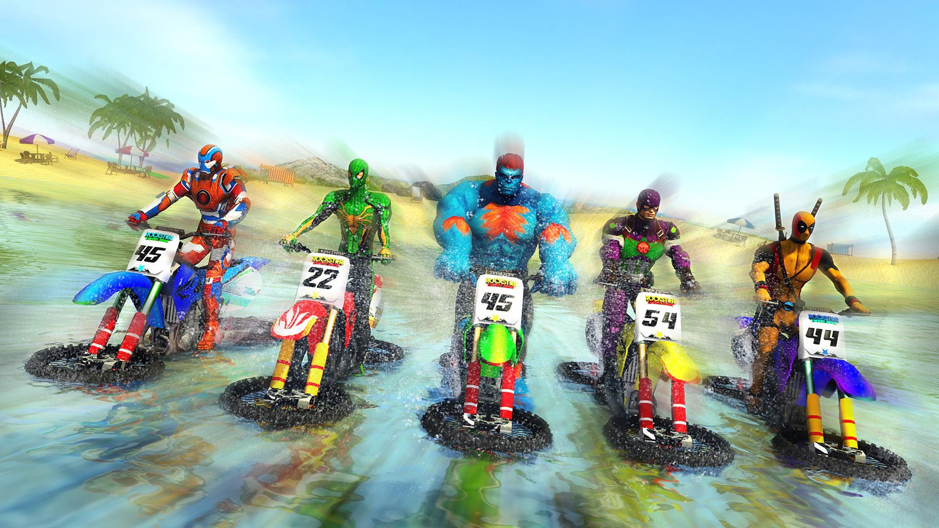Superhero Water Surfer Bike Racing: Beach Racer Game Screenshot