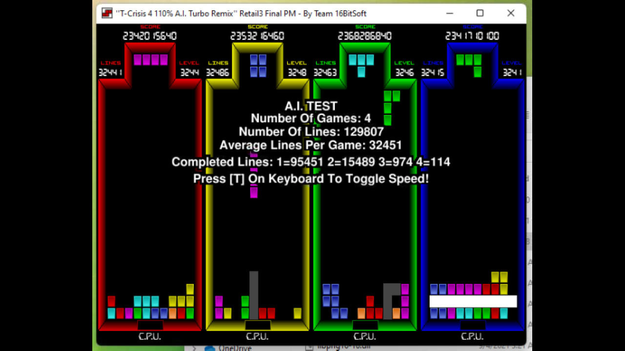 "T-Crisis 4 110% A.I. Turbo Remix™" Tetris 게임 스크린 샷