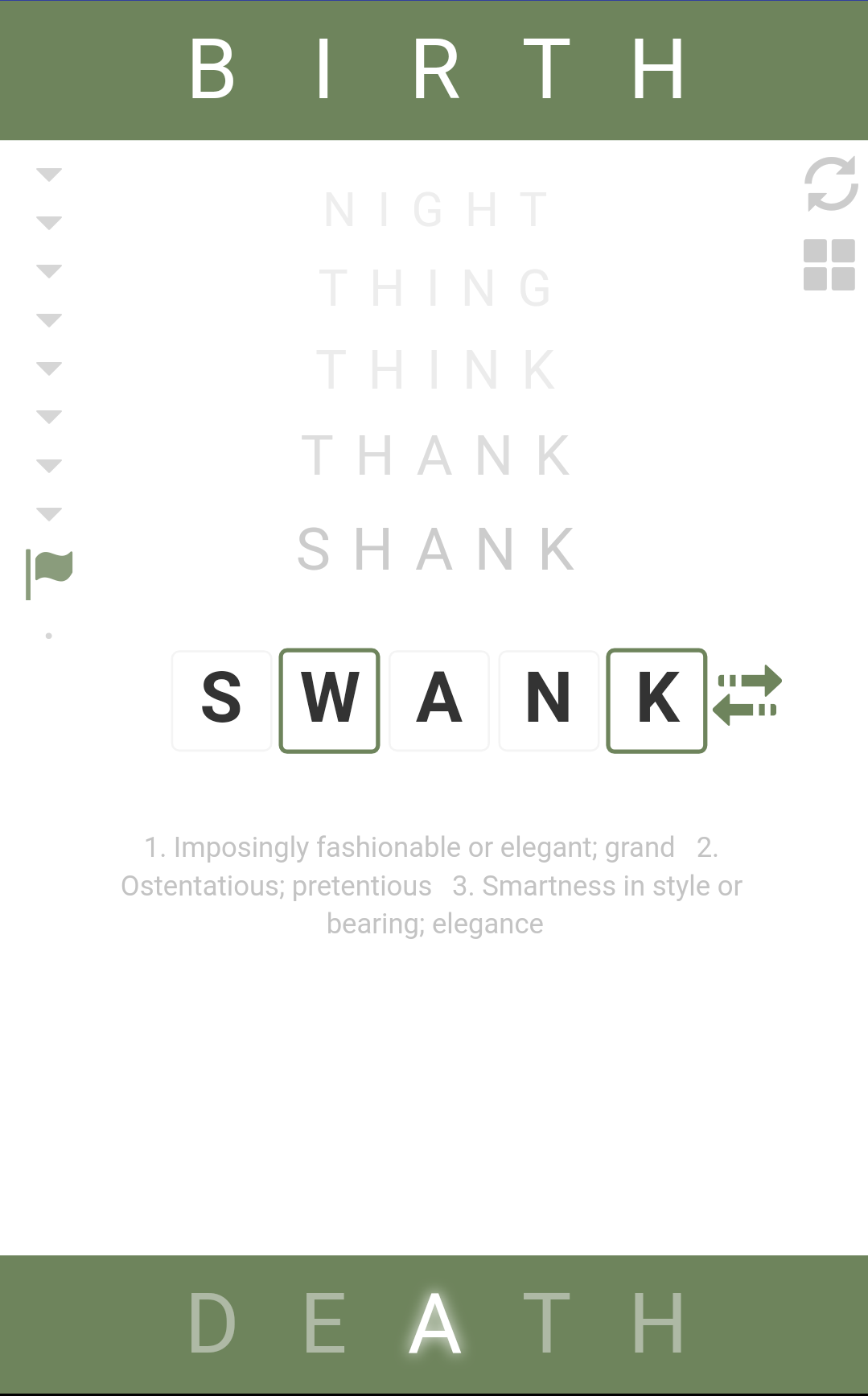 Screenshot of REWORD puzzle(aka Word Ladder/Doublet)