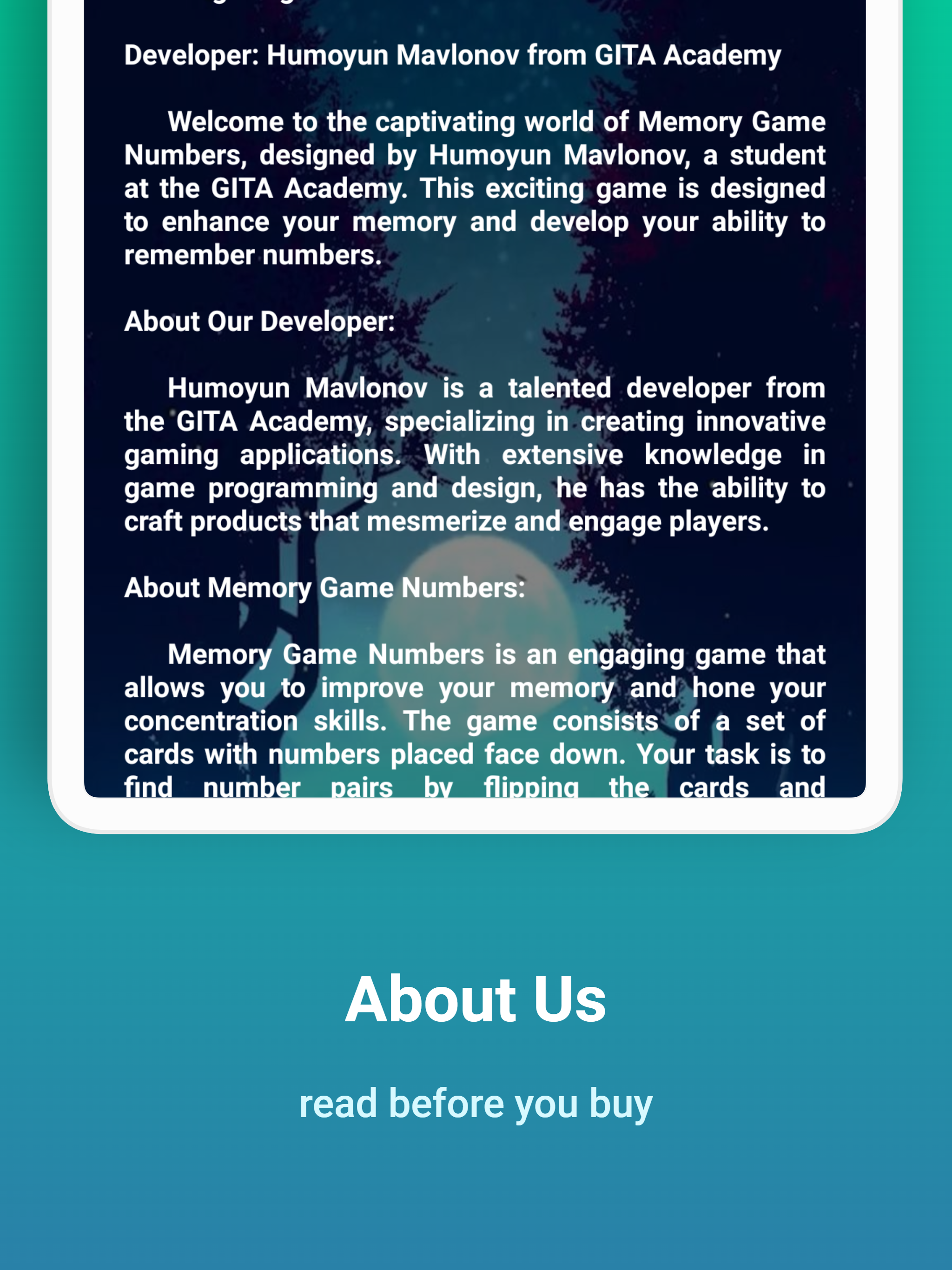 Screenshot of Memory Game Numbers