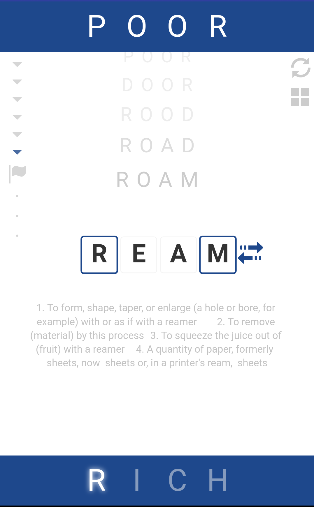 Screenshot of REWORD puzzle(aka Word Ladder/Doublet)