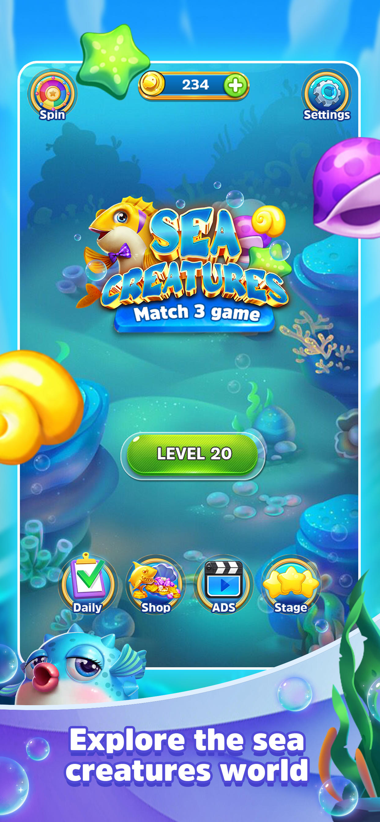 Sea creatures - Match 3 game Game Screenshot