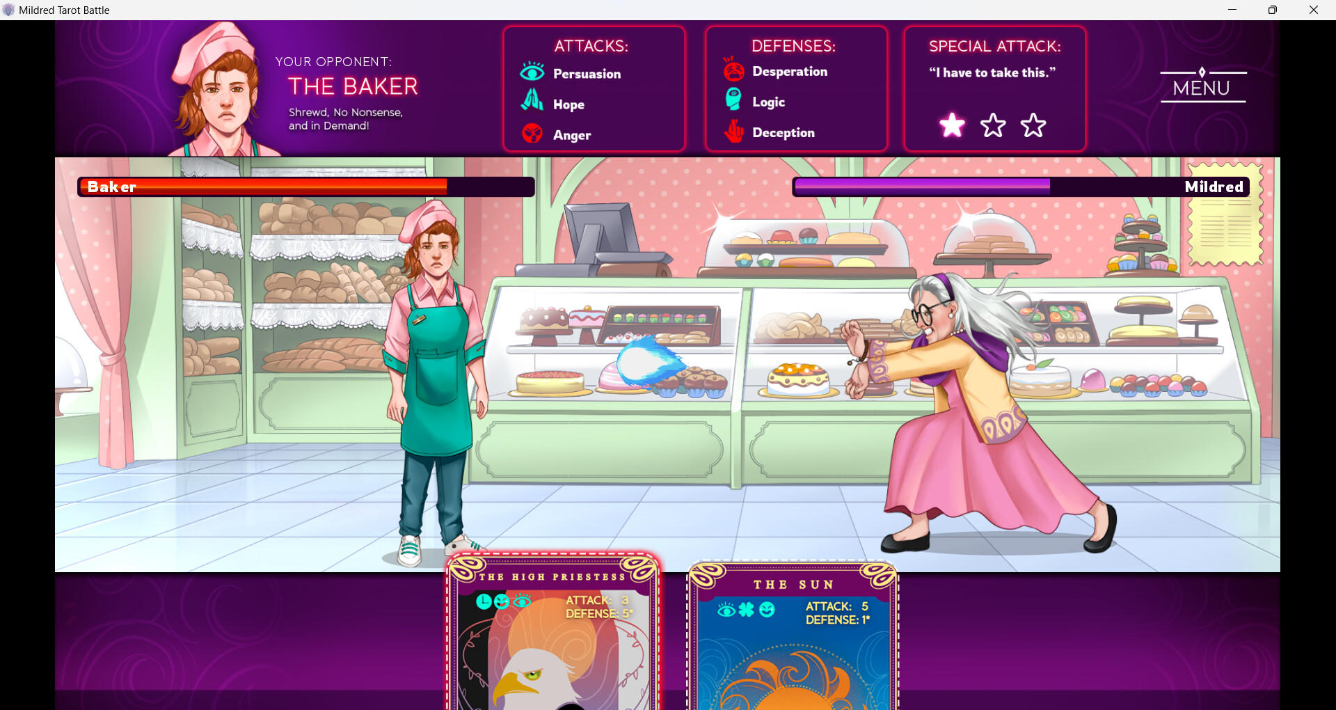 Screenshot of Mildred's Tarot Battle