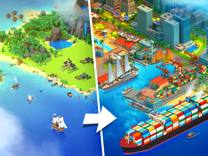 Screenshot 1 of Sea Port: สร้าง Town & Ship Cargo ในซิม Strategy 1.0.236