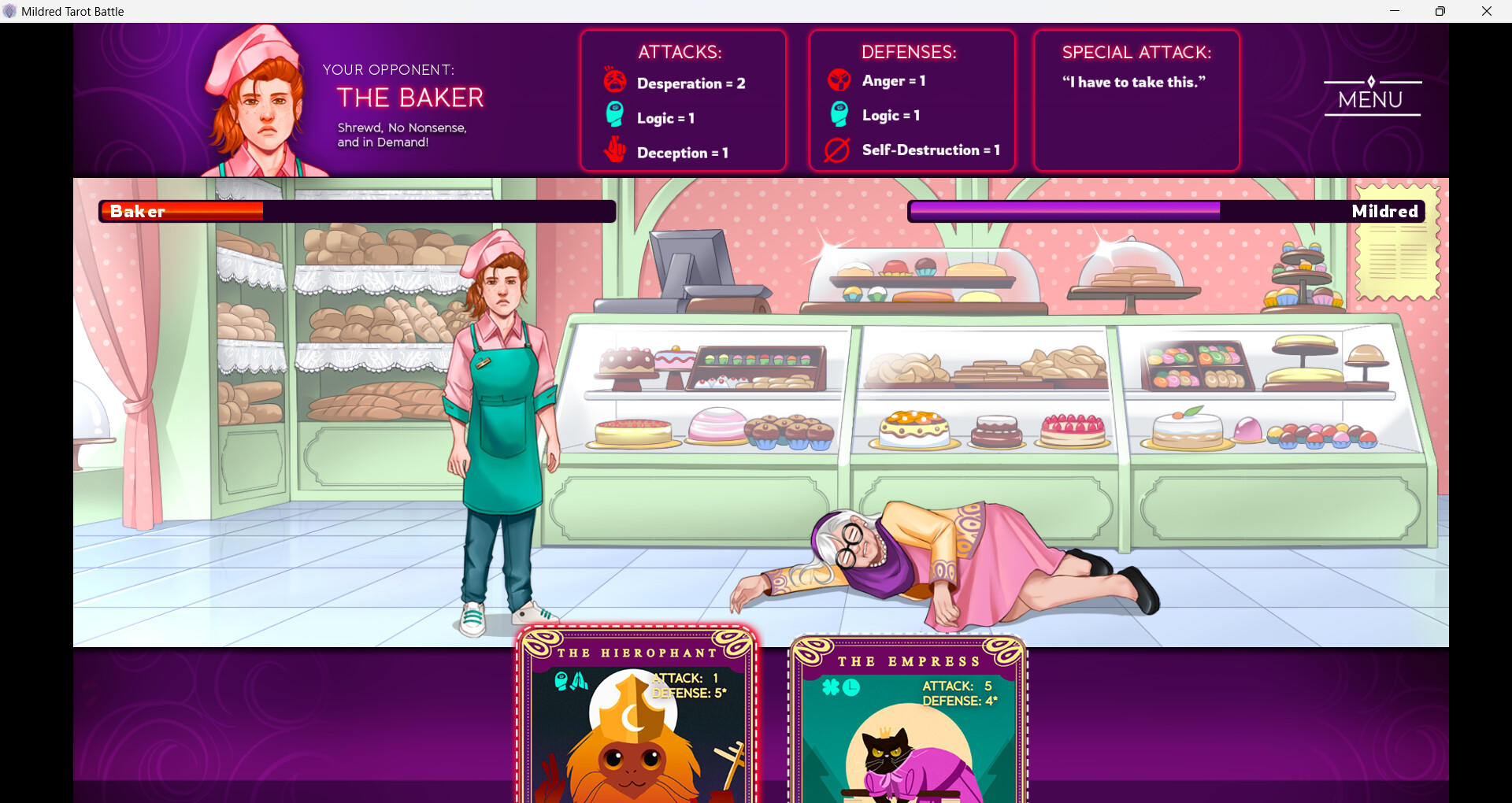 Screenshot of Mildred's Tarot Battle