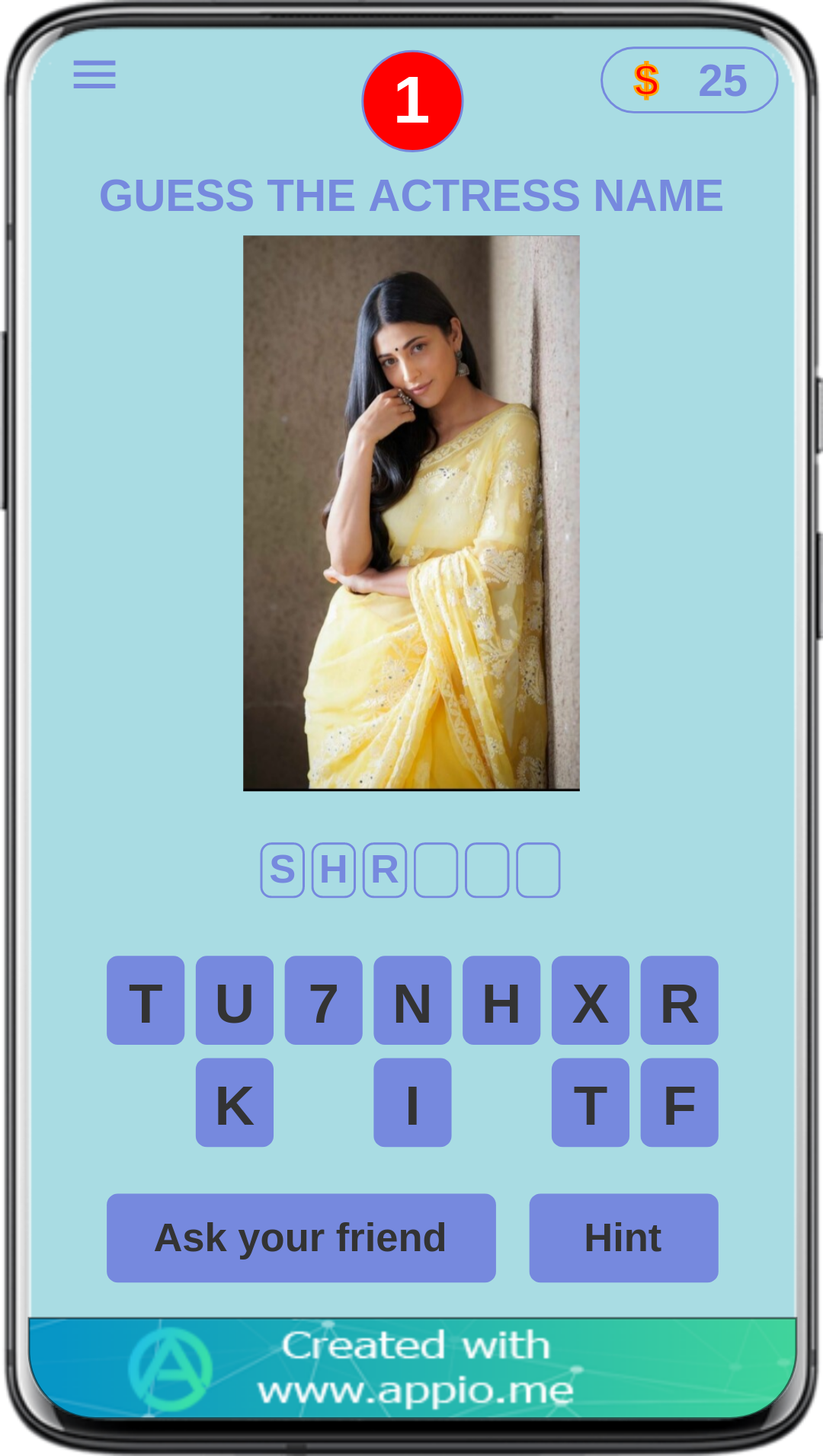 South Indian Actresses Name Game Screenshot