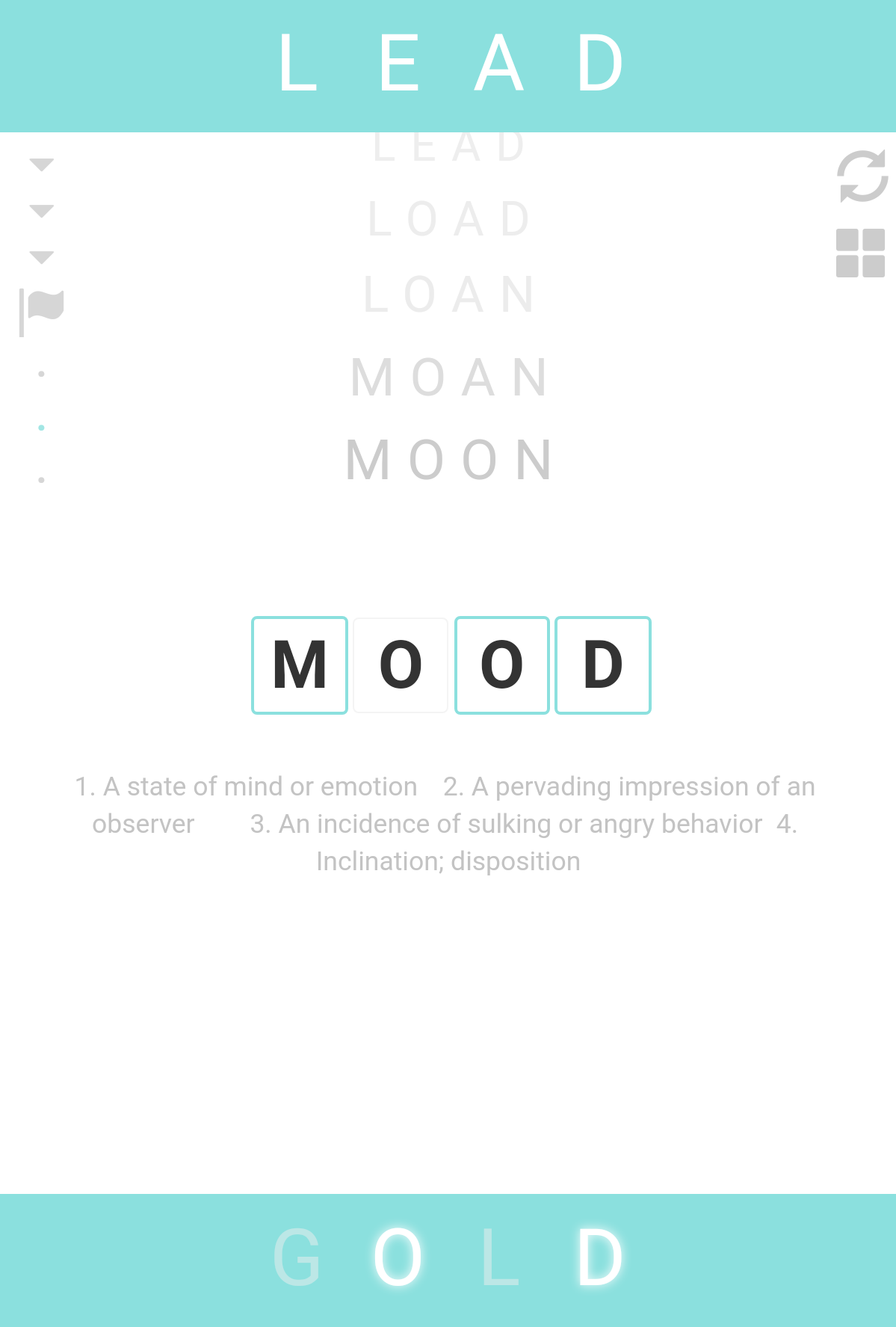 Screenshot of REWORD puzzle(aka Word Ladder/Doublet)