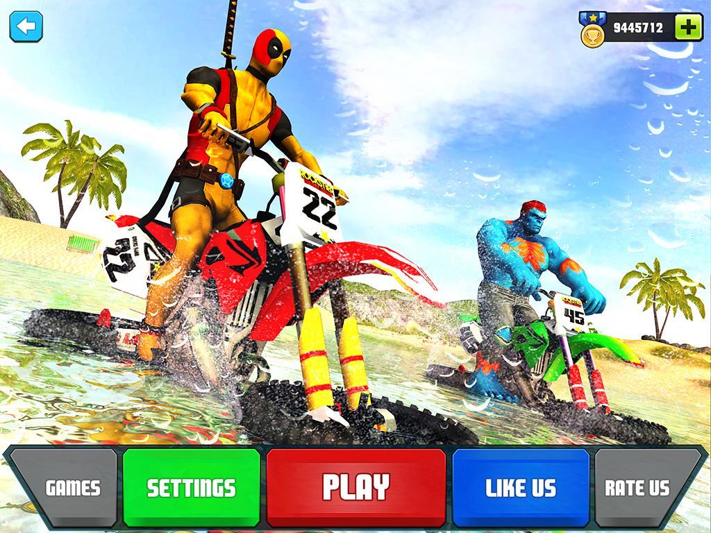 Superhero Water Surfer Bike Racing: Beach Racer Game Screenshot