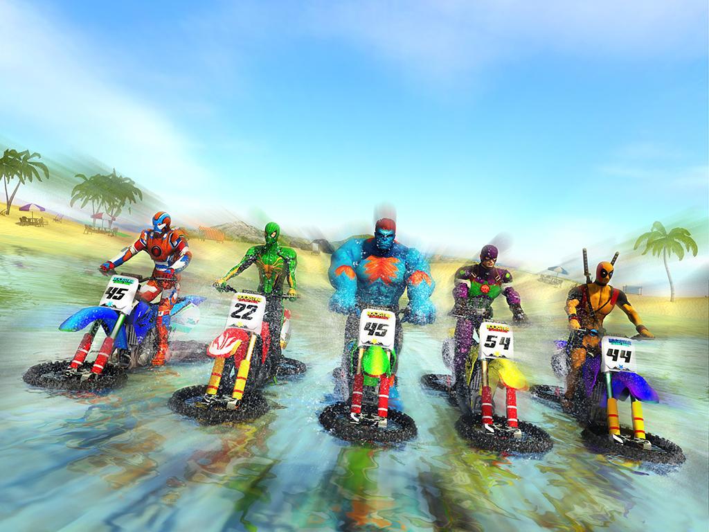 Superhero Water Surfer Bike Racing: Beach Racer Game Screenshot