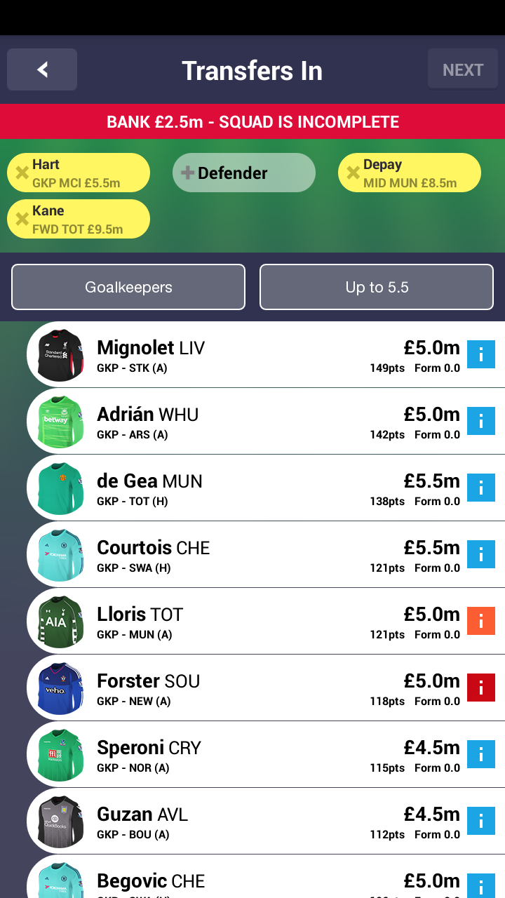 Скриншот игры Fantasy Premier League 2015/16