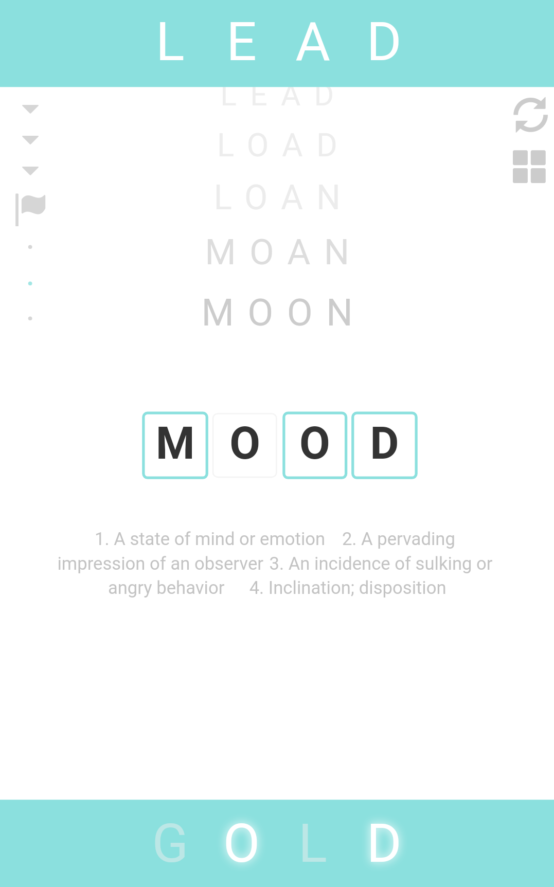 Screenshot of REWORD puzzle(aka Word Ladder/Doublet)