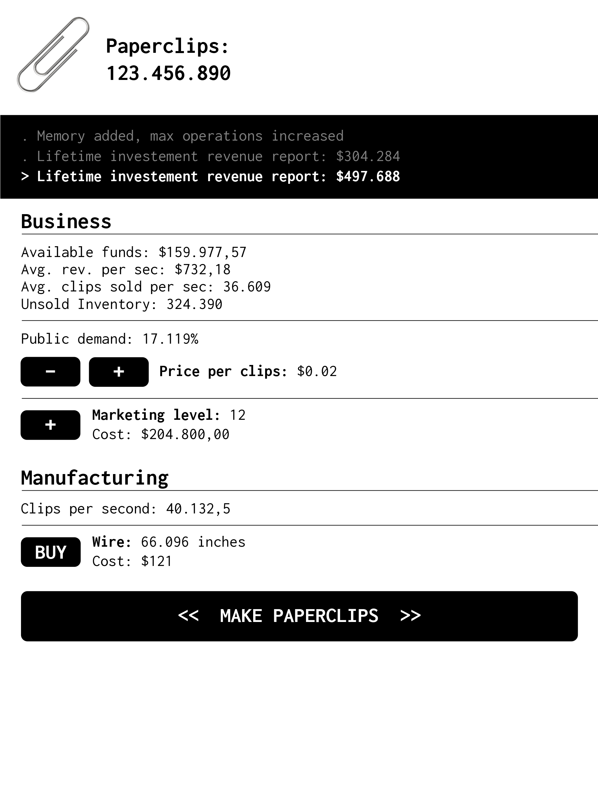Universal Paperclips Clicker Game ภาพหน้าจอเกม